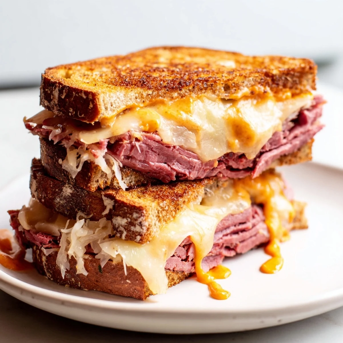 A classic deli-style Corned Beef Sandwich on Rye served with potato chips and a sour pickle spear.