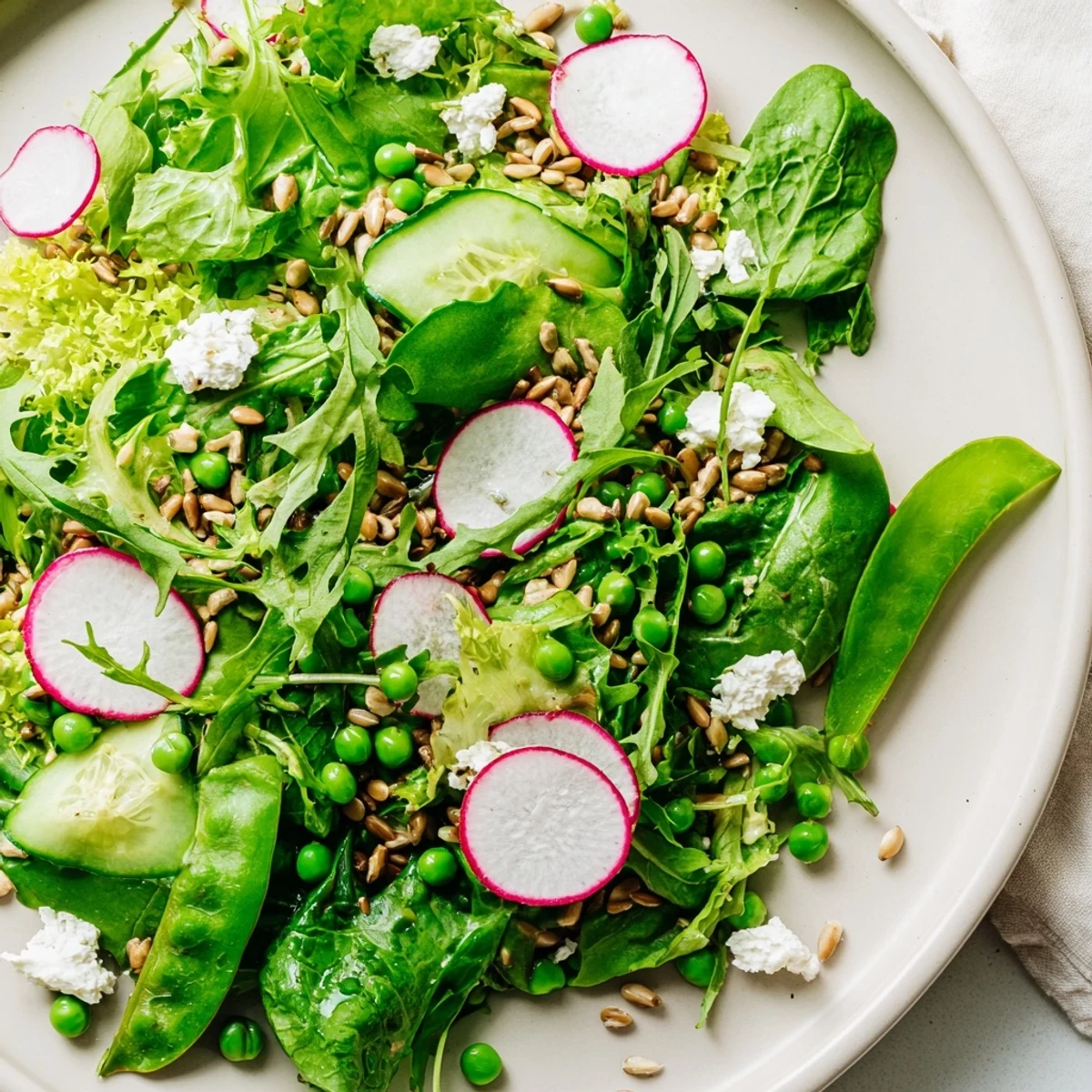 Fresh Spring Greens Salad with Lemon Vinaigrette served in a white bowl with cucumber slices, radishes, and crumbled feta cheese.
