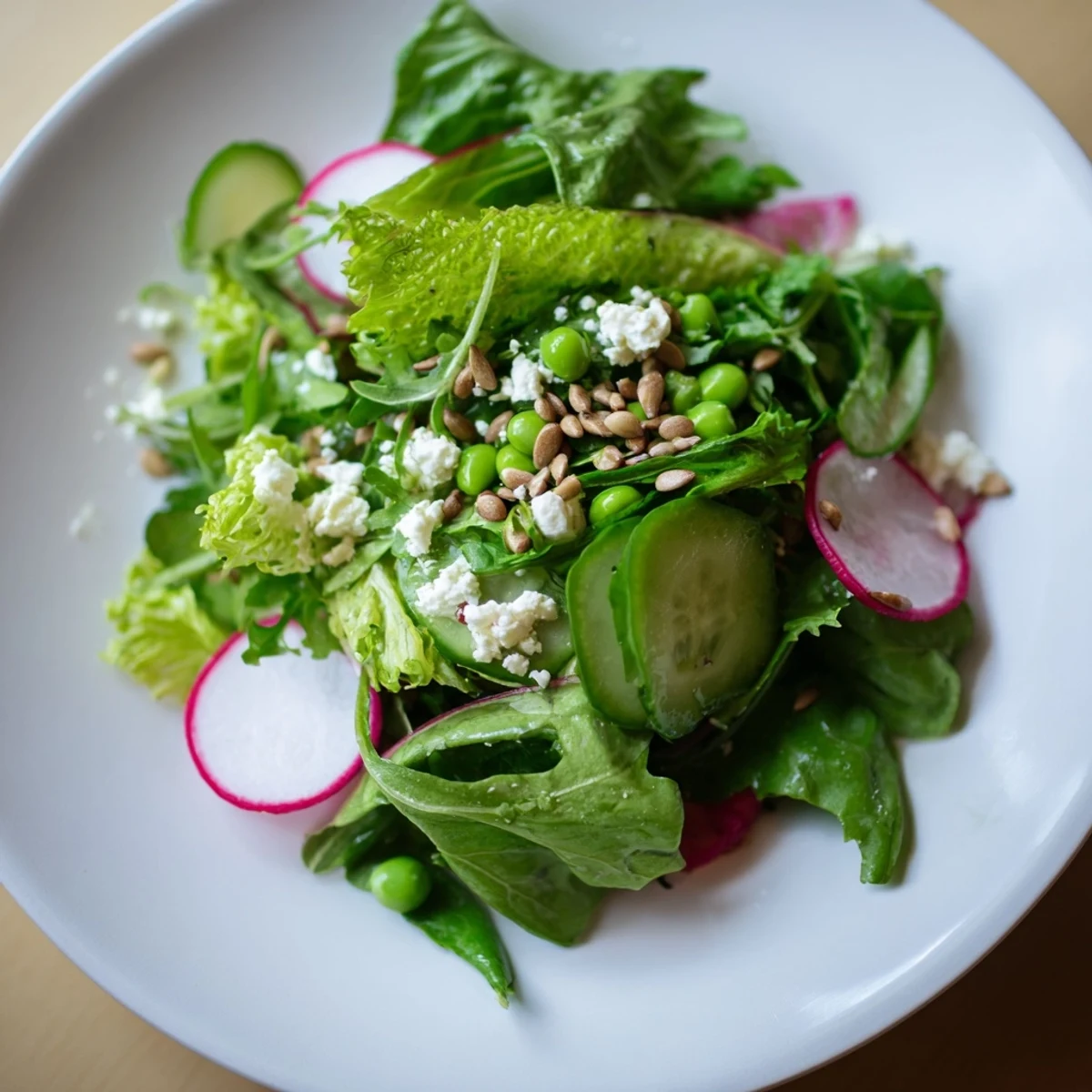 Healthy Spring Greens Salad with Lemon Vinaigrette garnished with fresh herbs and lemon wedges, perfect for a light spring lunch.