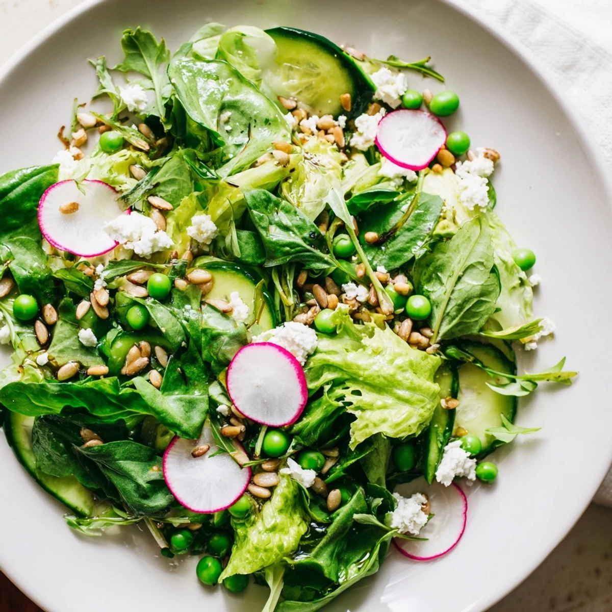 Vibrant Spring Greens Salad with Lemon Vinaigrette tossed with peas, toasted sunflower seeds, and glistening citrus dressing on a rustic table.