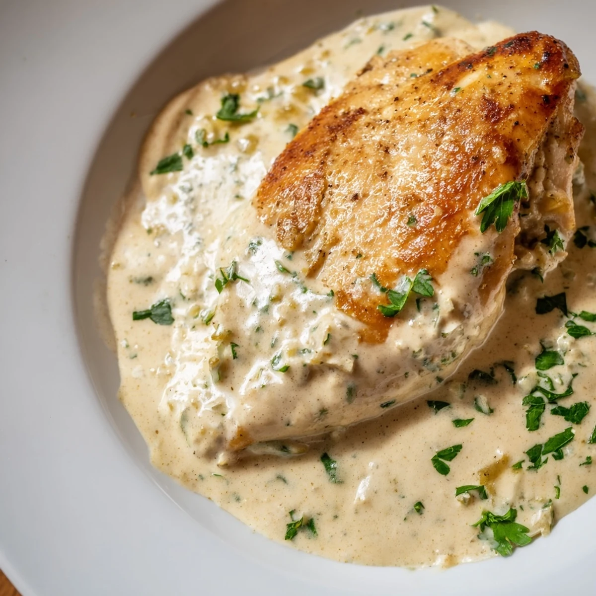 Steaming plate of Creamy Boursin Chicken served with green beans and mashed potatoes for dinner.