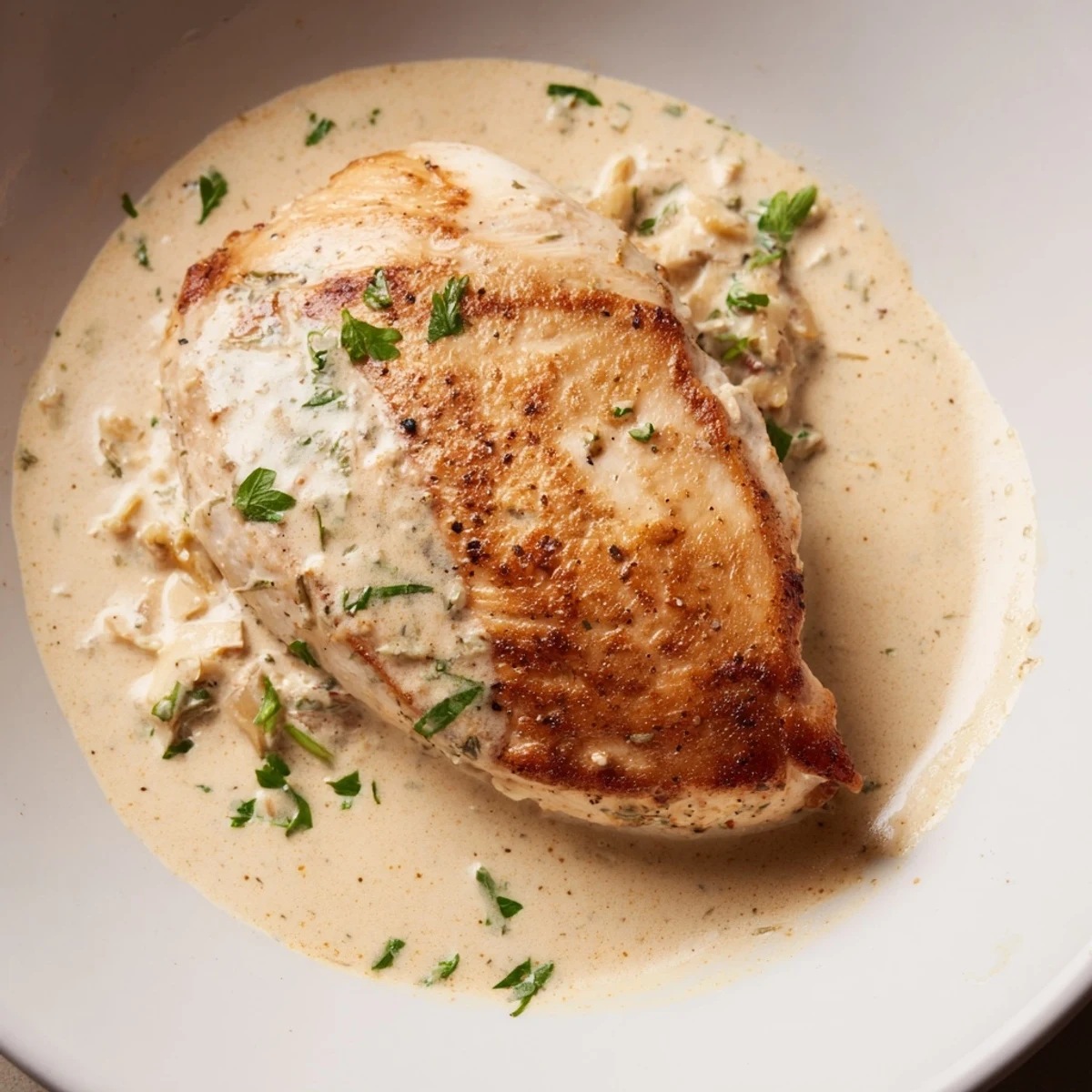 Golden-brown seared chicken breasts bathed in creamy Boursin Chicken sauce, garnished with fresh parsley.