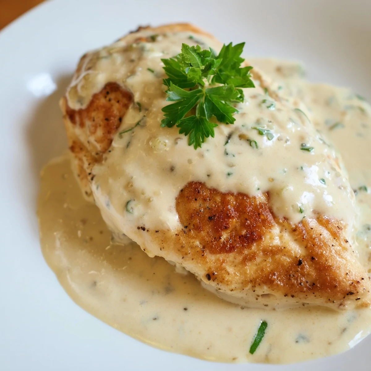 Close-up of tender chicken in a rich garlic herb cheese sauce, perfect for a weeknight meal.