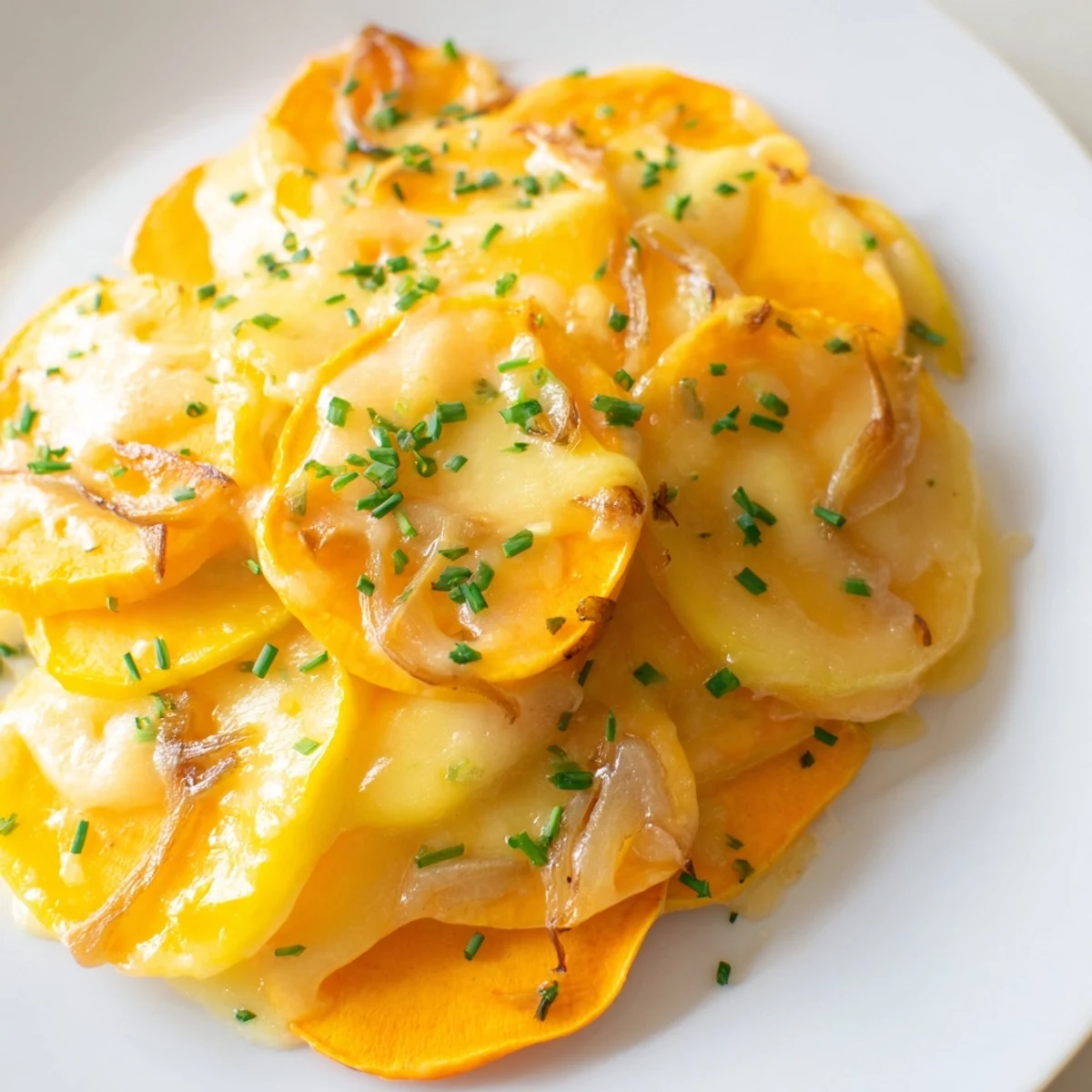 Golden-brown Cheesy Sweet Potato Gratin with Caramelized Onions Delight emerges from the oven, bubbling with melted cheese and sweet potato layers.
