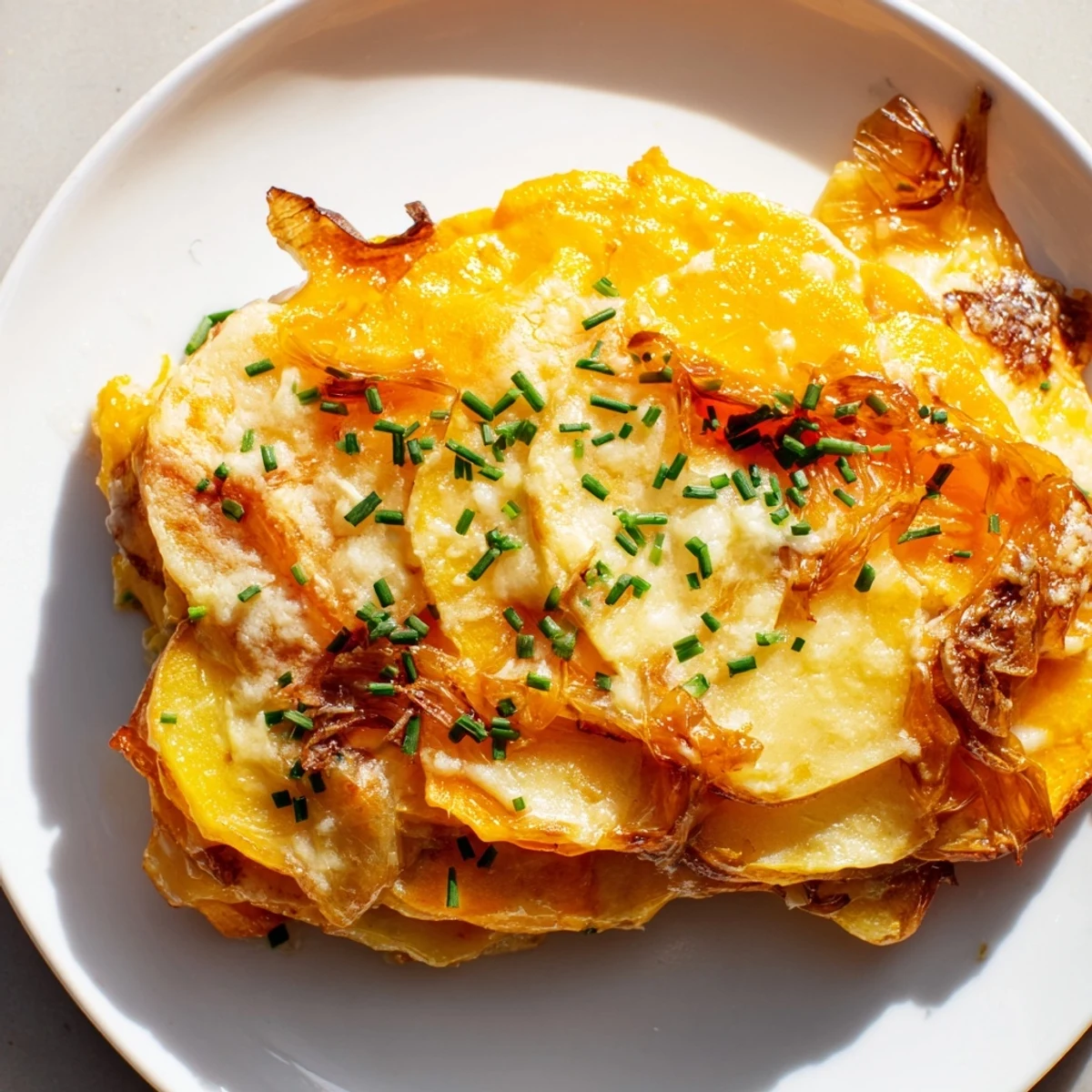 Serving of Cheesy Sweet Potato Gratin with Caramelized Onions Delight rests beside fresh chives and a white wine glass.
