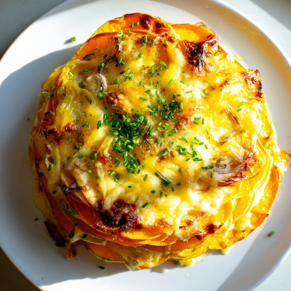 Close-up view of Cheesy Sweet Potato Gratin with Caramelized Onions Delight shows a crispy, golden cheese crust and tender vegetable slices.