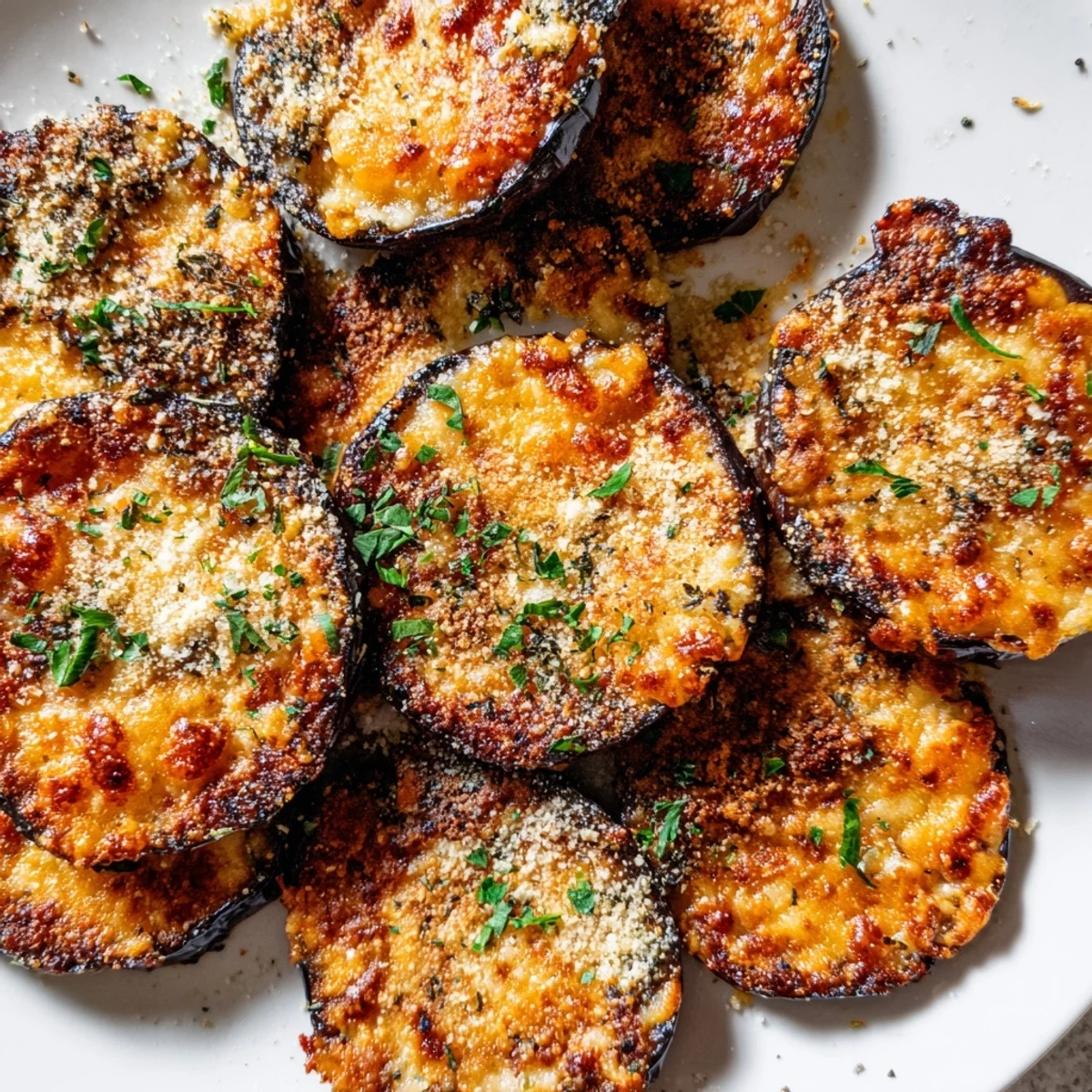 Golden roasted eggplant slices from the Mediterranean Roasted Eggplant & Parmesan Crisps recipe topped with melted cheese and herbs.