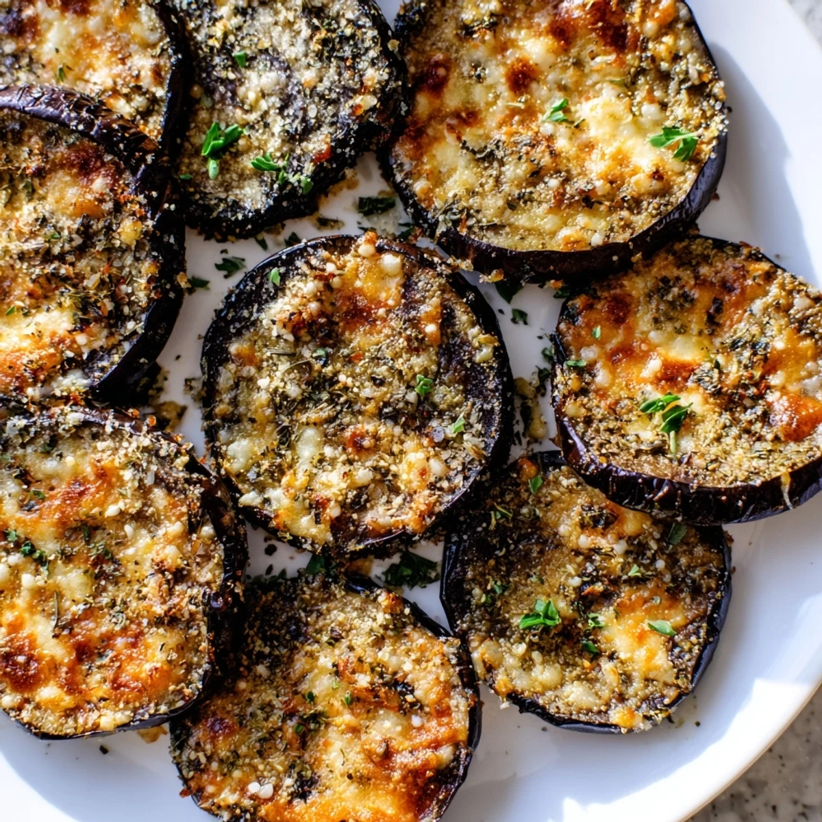 Close-up of Mediterranean Roasted Eggplant & Parmesan Crisps arranged on a platter with fresh parsley and lemon wedges.