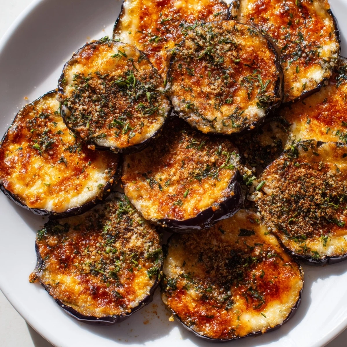 Savory Mediterranean Roasted Eggplant & Parmesan Crisps served as an appetizer on a rustic wooden table.