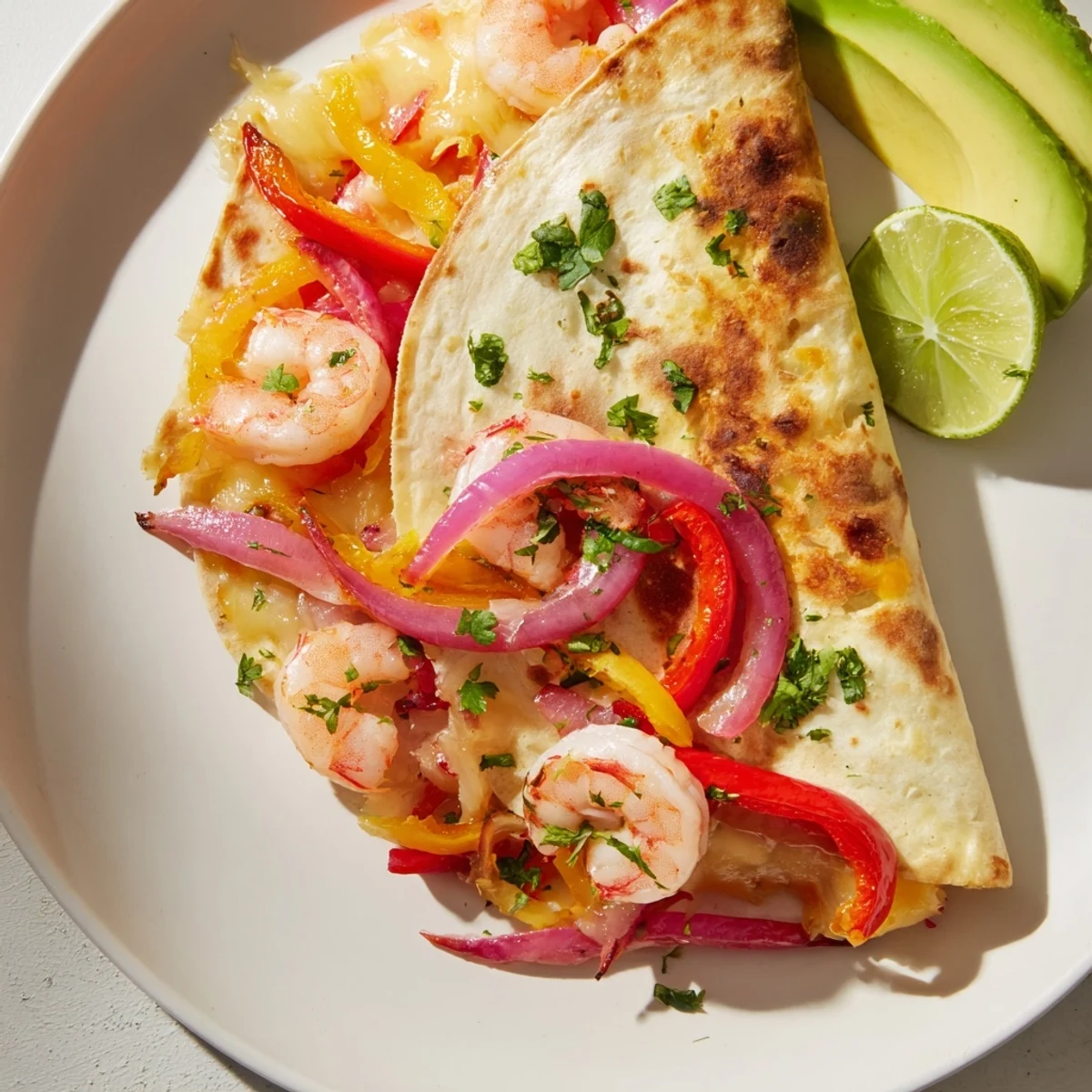 Golden-brown Shrimp Fajita Sheet Pan Quesadillas are sliced into wedges, revealing a filling of pink shrimp, roasted peppers, and melted Mexican cheese blend.