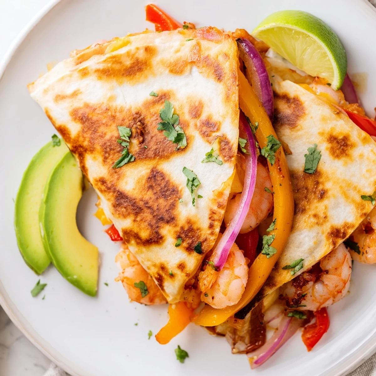 Crispy tortillas cradle the savory shrimp and vegetable mixture for Shrimp Fajita Sheet Pan Quesadillas, served on a wooden board with lime wedges and salsa.