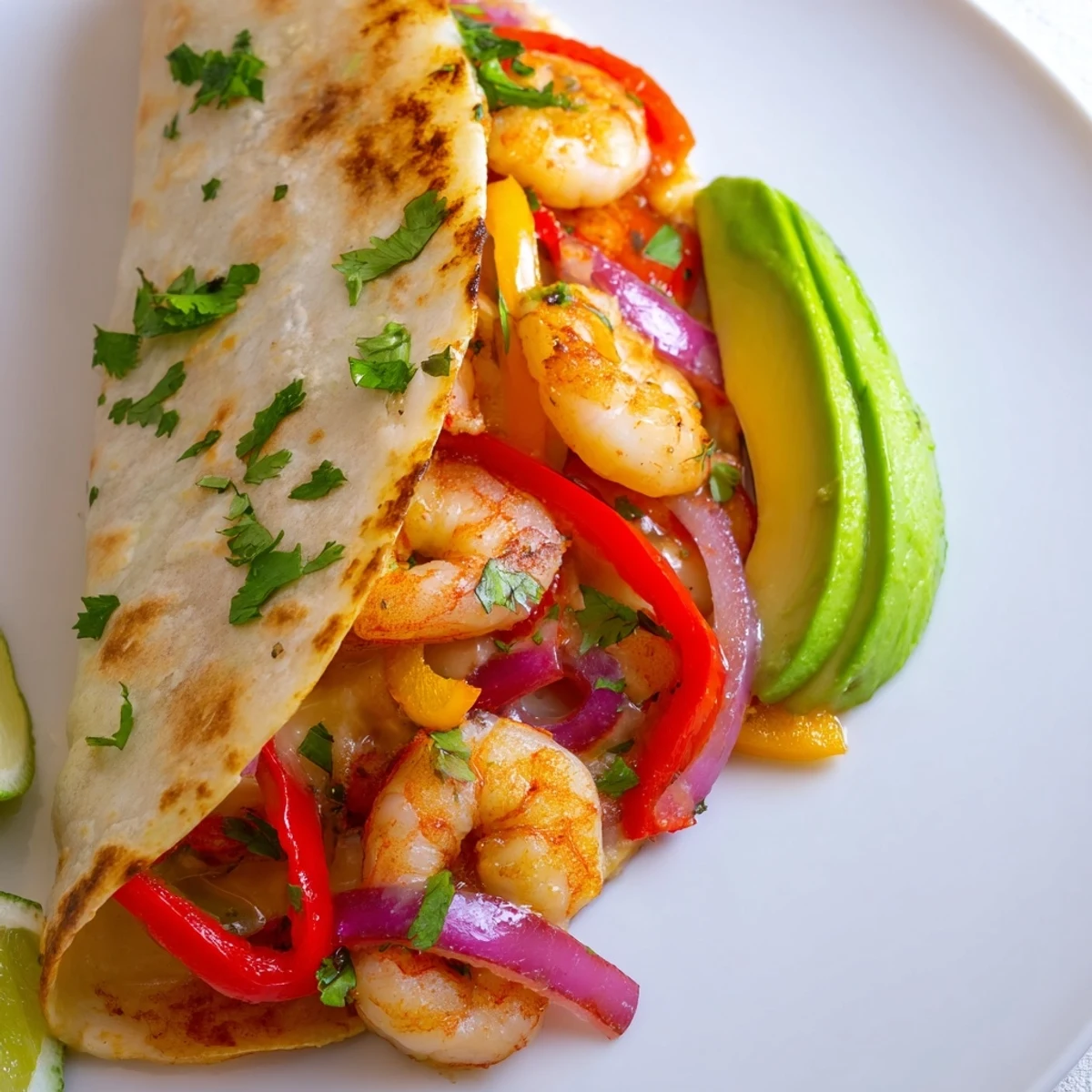 A close-up view shows the bubbling cheese and colorful ingredients of Shrimp Fajita Sheet Pan Quesadillas, highlighting the Tex-Mex flavors and oven-baked texture.