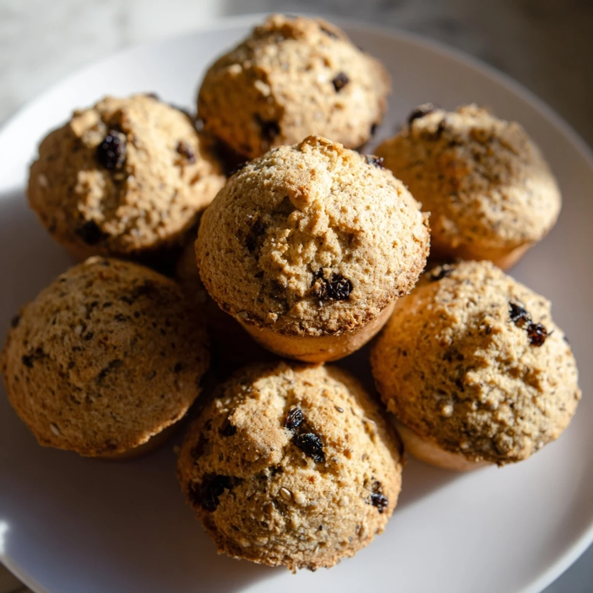 Golden-brown Mini Irish Soda Bread Muffins with a tender crumb and specks of currants sit on a wooden board.
