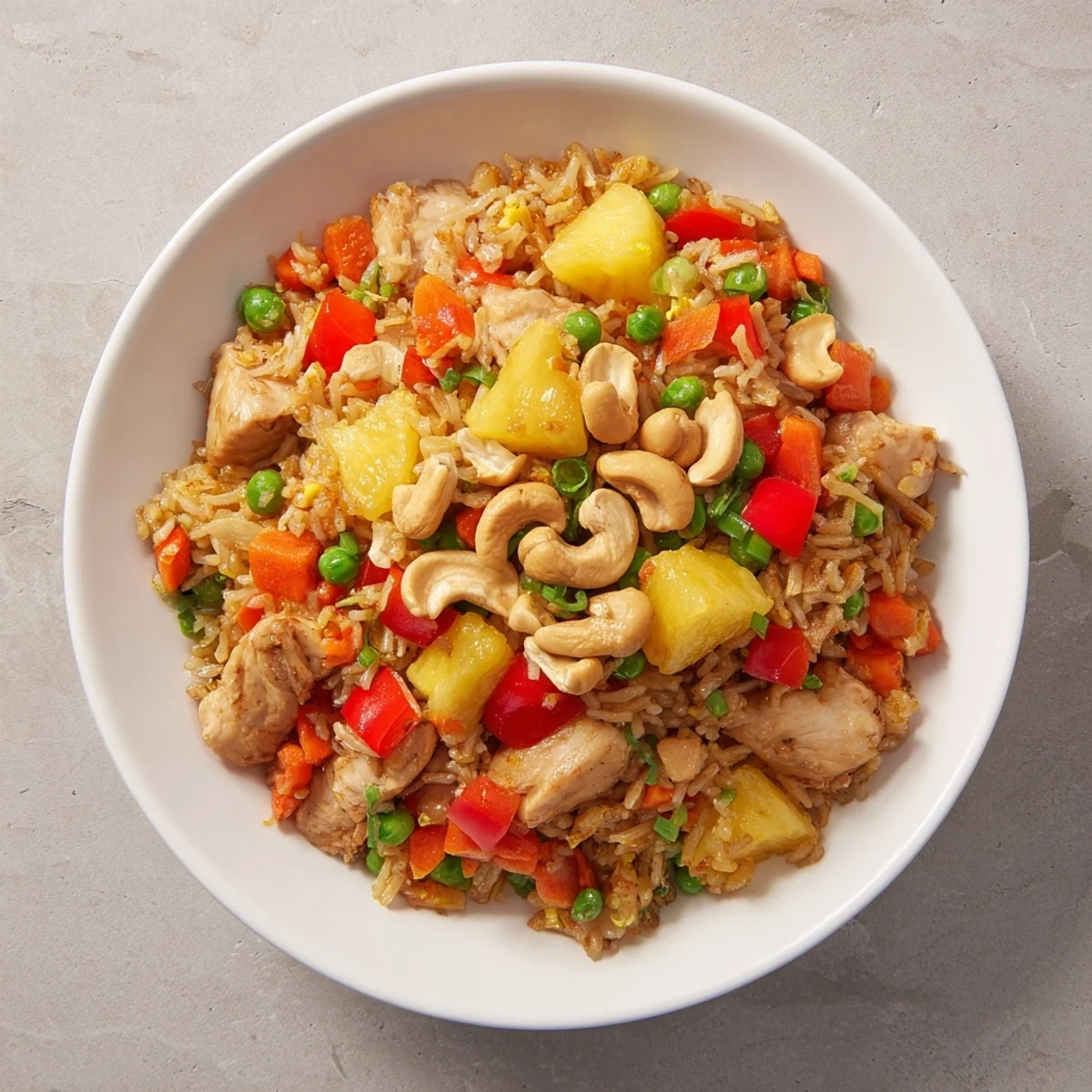 Golden pineapple chunks and tender chicken pieces glisten in this vibrant Pineapple Chicken Fried Rice with Cashews, garnished with green onions.
