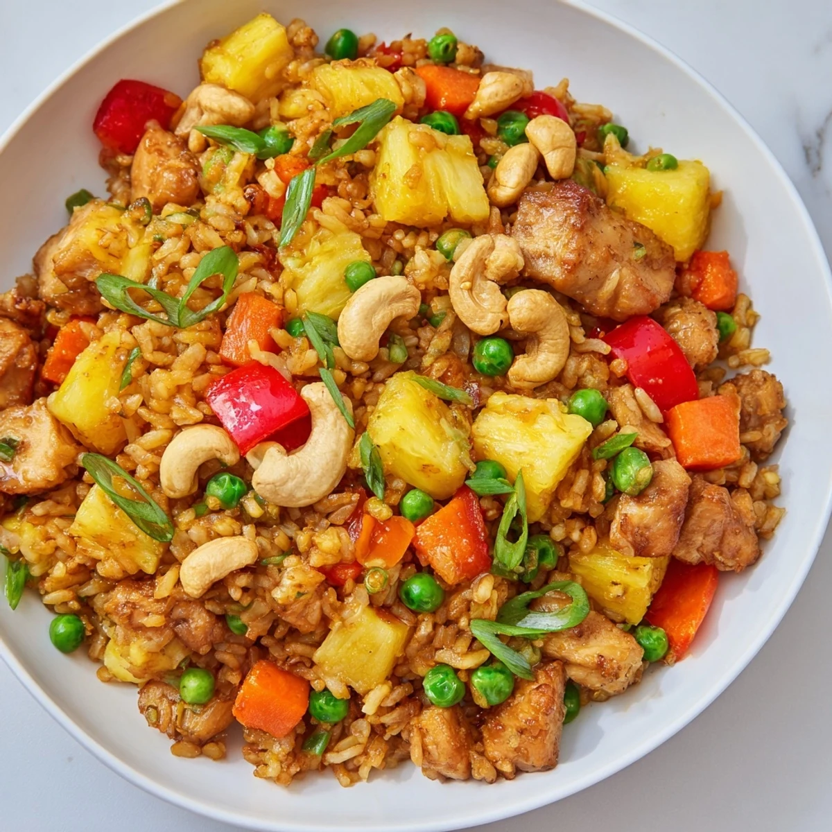 A close-up view shows fluffy jasmine rice mixed with diced red bell pepper, peas, and crunchy cashews for texture.