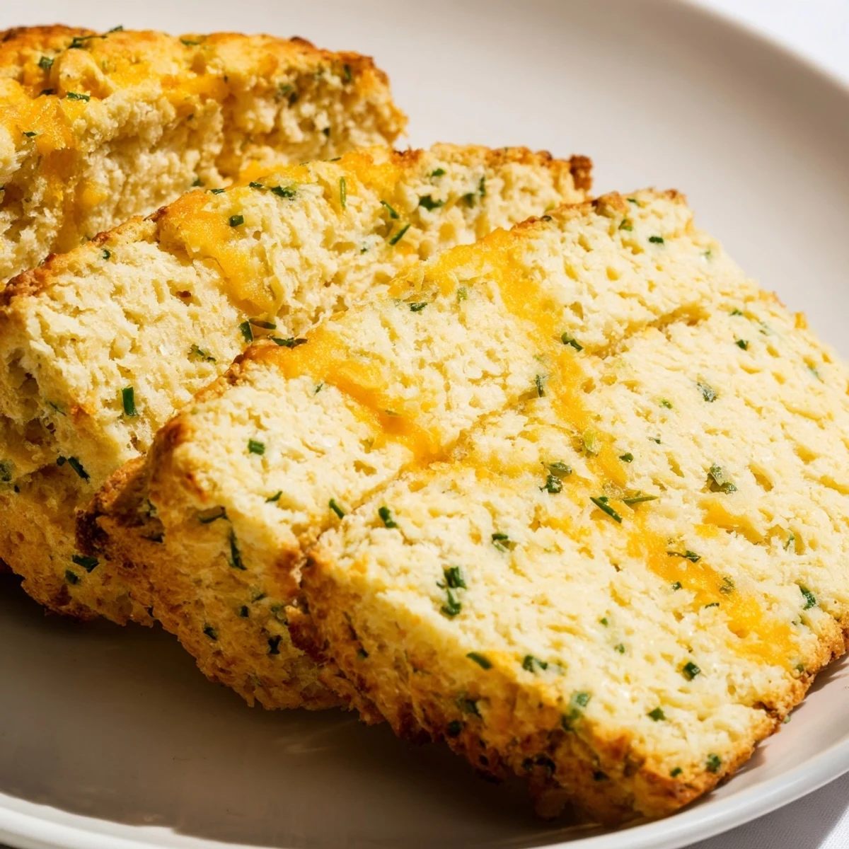 A close-up of a warm Savory Cheddar & Chive Irish Soda Bread with a golden, cheesy crust and soft interior.