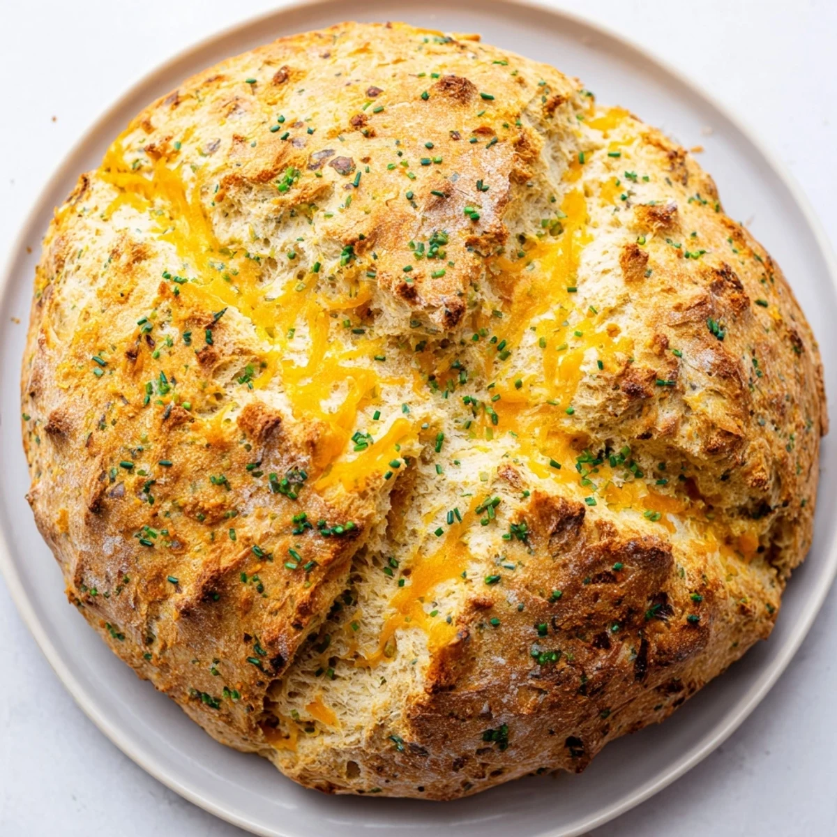 Golden-brown Savory Herbed Cheddar Irish Soda Bread loaf with a deep X cut on top, showcasing melted cheddar and flecks of fresh herbs.