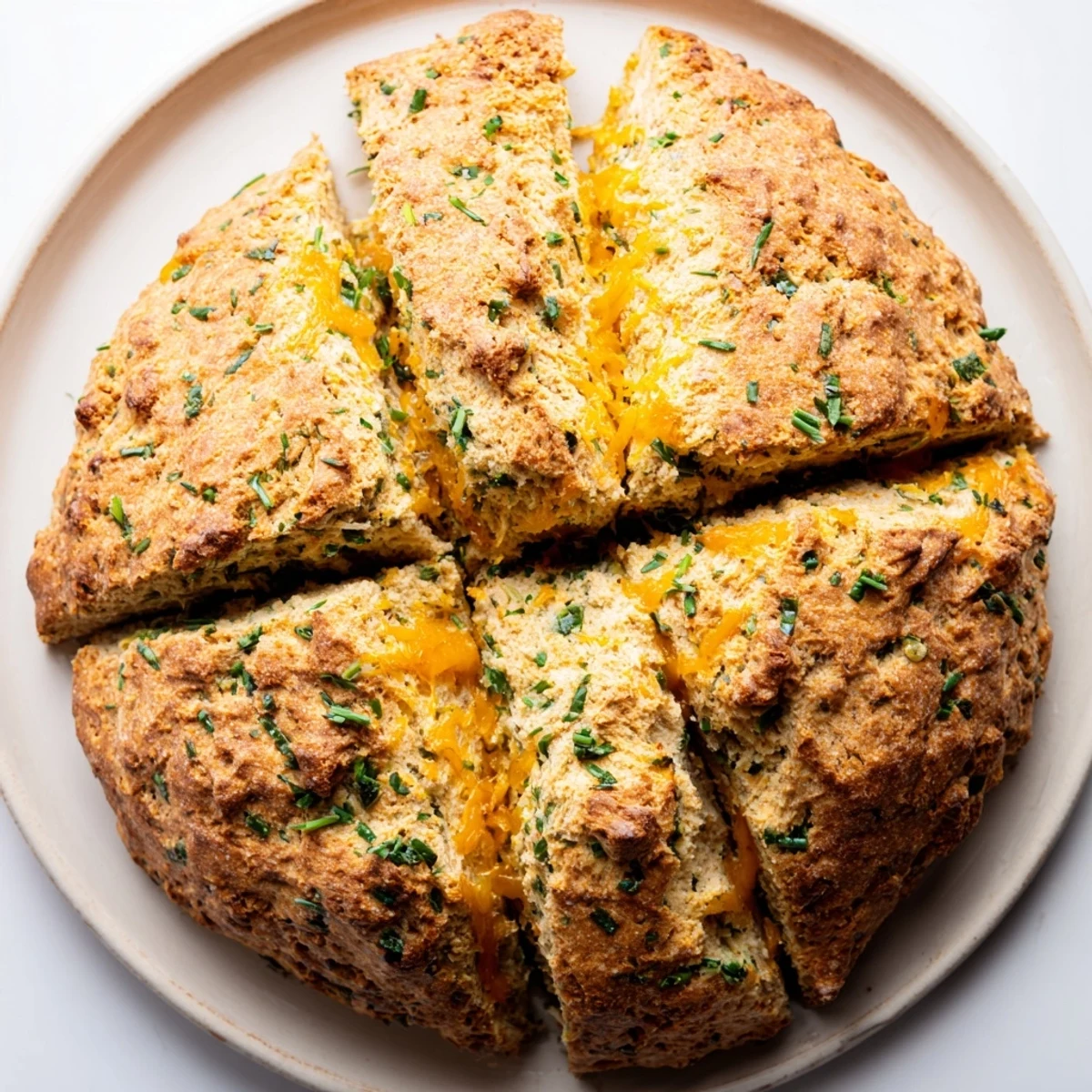 Freshly baked Savory Herbed Cheddar Irish Soda Bread sliced to reveal a tender crumb, perfectly paired with a steaming bowl of creamy soup.