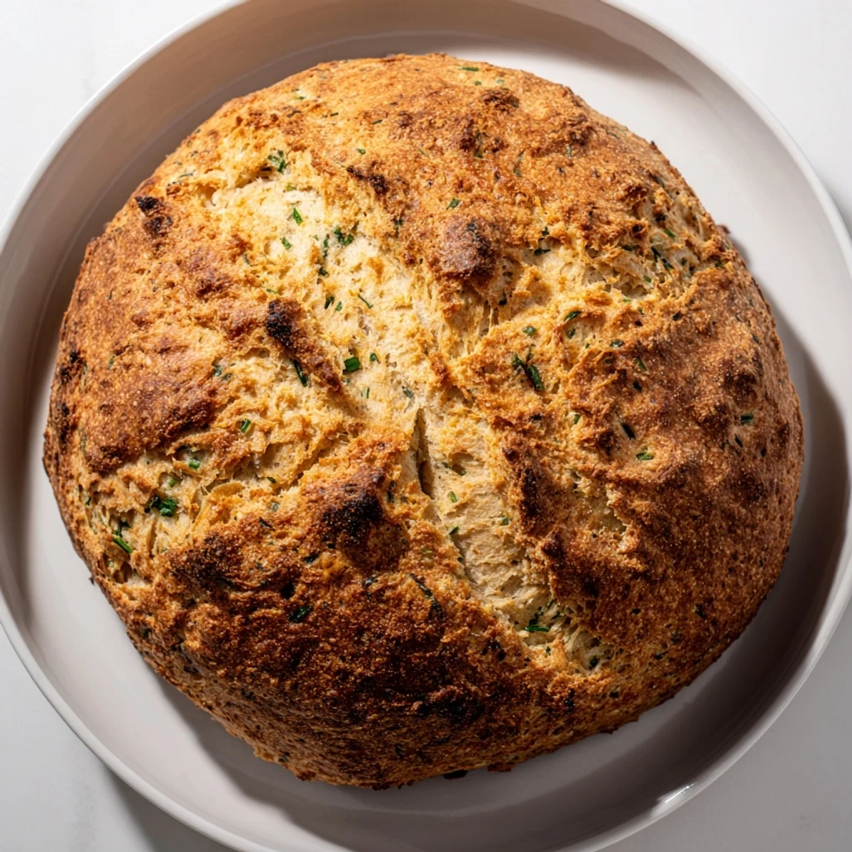 Rustic Savory Herbed Cheddar Irish Soda bread resting on a wooden board, surrounded by fresh chives and sharp cheddar cheese ingredients.