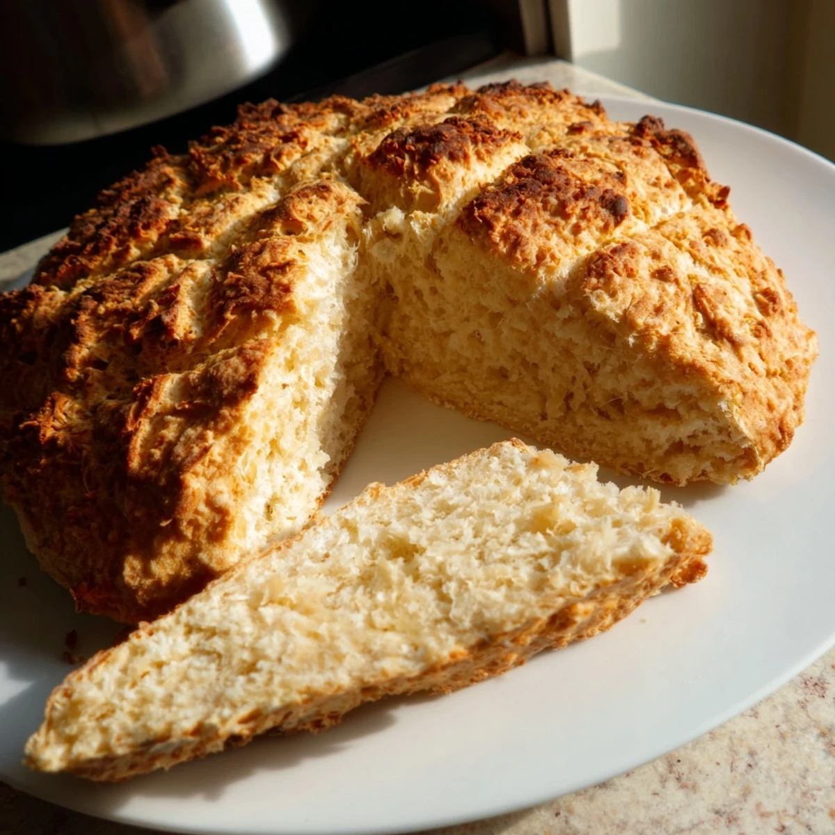 A close-up slice of Authentic 4-Ingredient Irish Soda Bread reveals a soft, shaggy crumb, ready to be slathered with salted butter for a cozy breakfast.