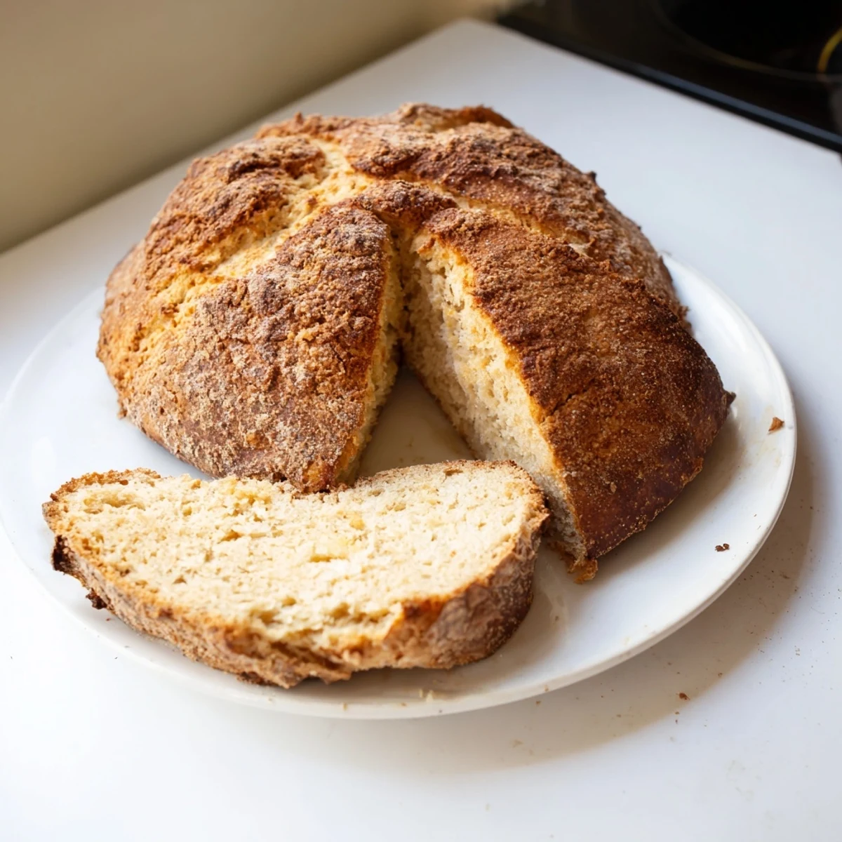 A rustic loaf of Authentic 4-Ingredient Irish Soda Bread rests on a wooden board, showcasing a golden crust and tender interior perfect for serving with jam.