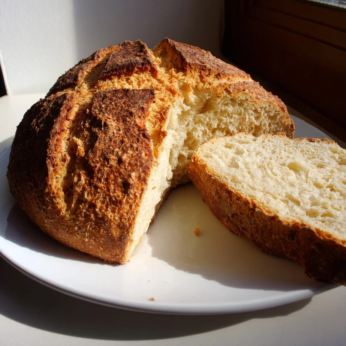 A freshly baked Authentic 4-Ingredient Irish Soda Bread sits on a wire rack with an X cut on top, ideal alongside a warm bowl of stew.