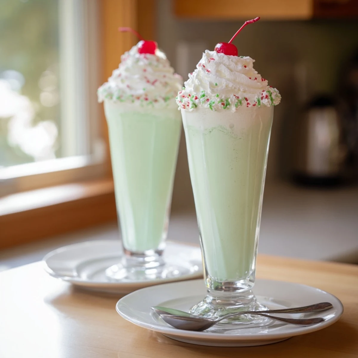 Homemade Copycat Shamrock Shake poured in a glass with minty aroma and vibrant green swirls.