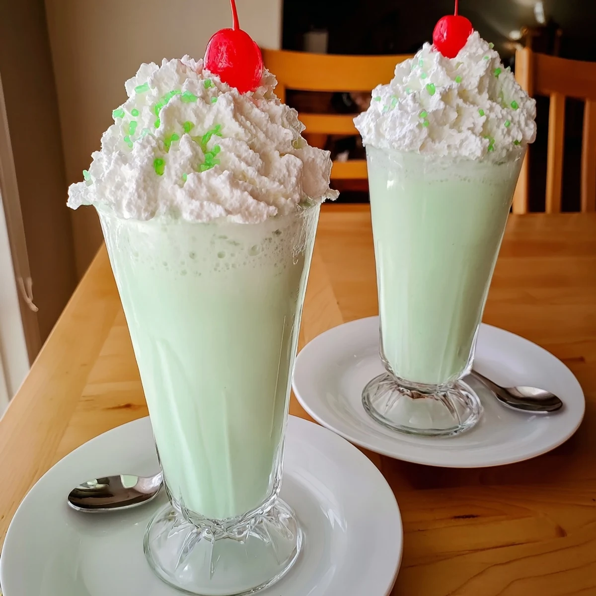 Creamy green Homemade Copycat Shamrock Shake topped with whipped cream and a cherry in a tall glass.