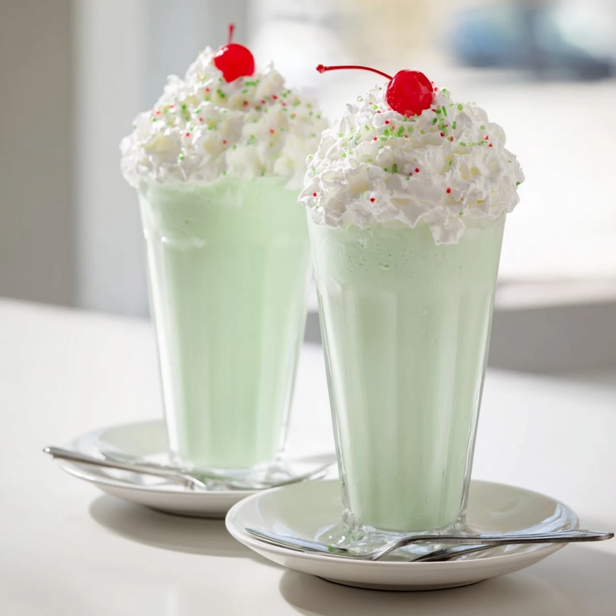 Two frothy glasses of Homemade Copycat Shamrock Shake garnished with whipped cream and green sprinkles.