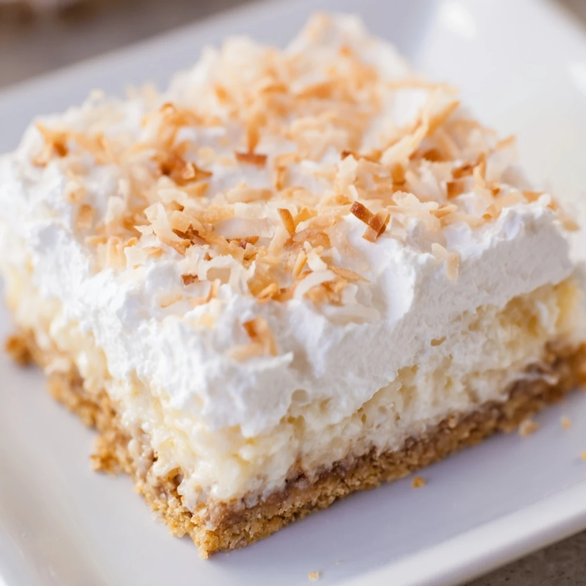 A close-up view of Coconut Cream Dream Bars shows the fluffy whipped topping and textured shredded coconut, perfect for a summer dessert platter.