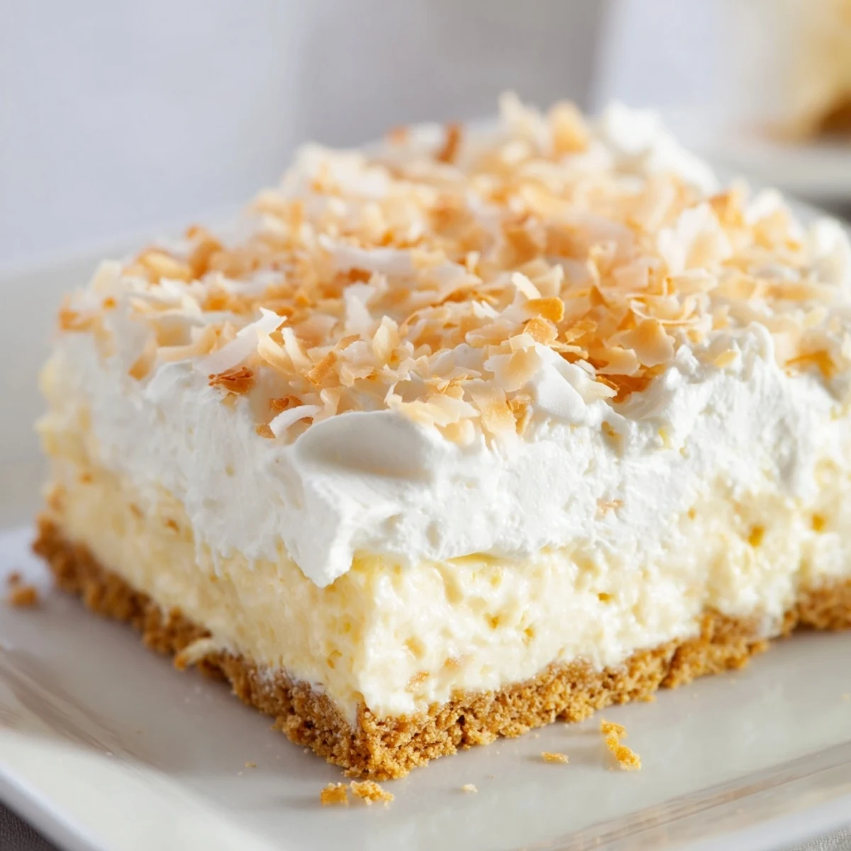 Golden toasted coconut flakes garnish a slice of Coconut Cream Dream Bars, revealing a creamy white filling and crisp graham cracker crust on a serving plate.
