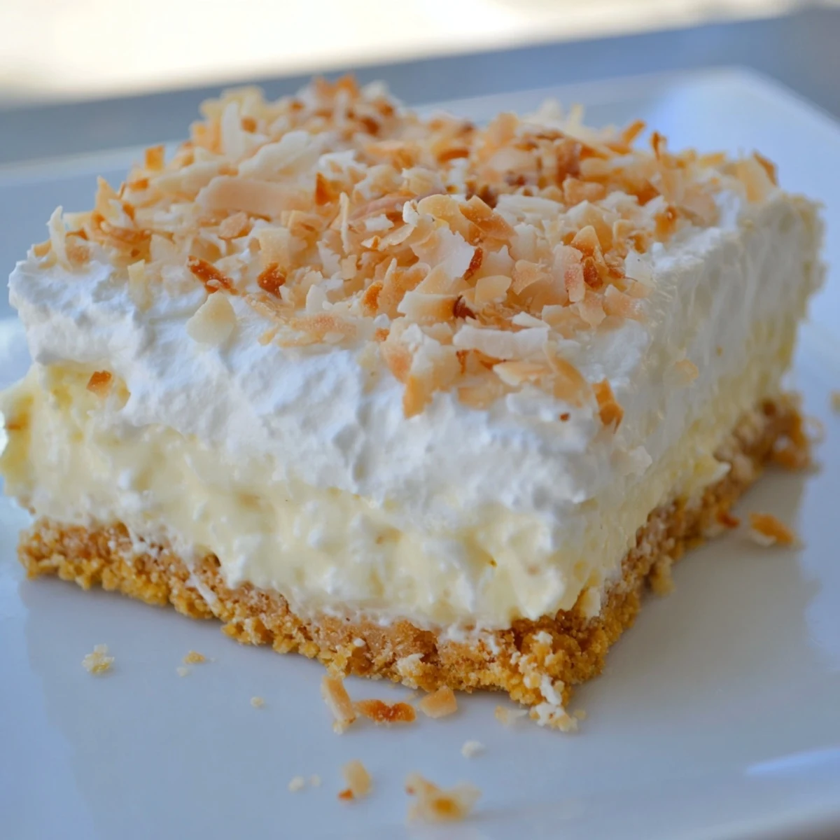 From above, a baking pan of Coconut Cream Dream Bars displays the layered texture with a smooth, creamy coconut center and a toasted garnish.