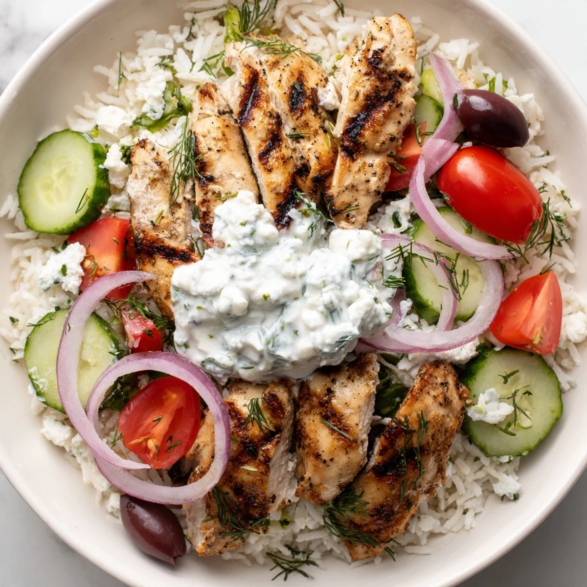 A vibrant Greek Chicken Bowl topped with tangy tzatziki sauce, cherry tomatoes, and crumbled feta cheese.