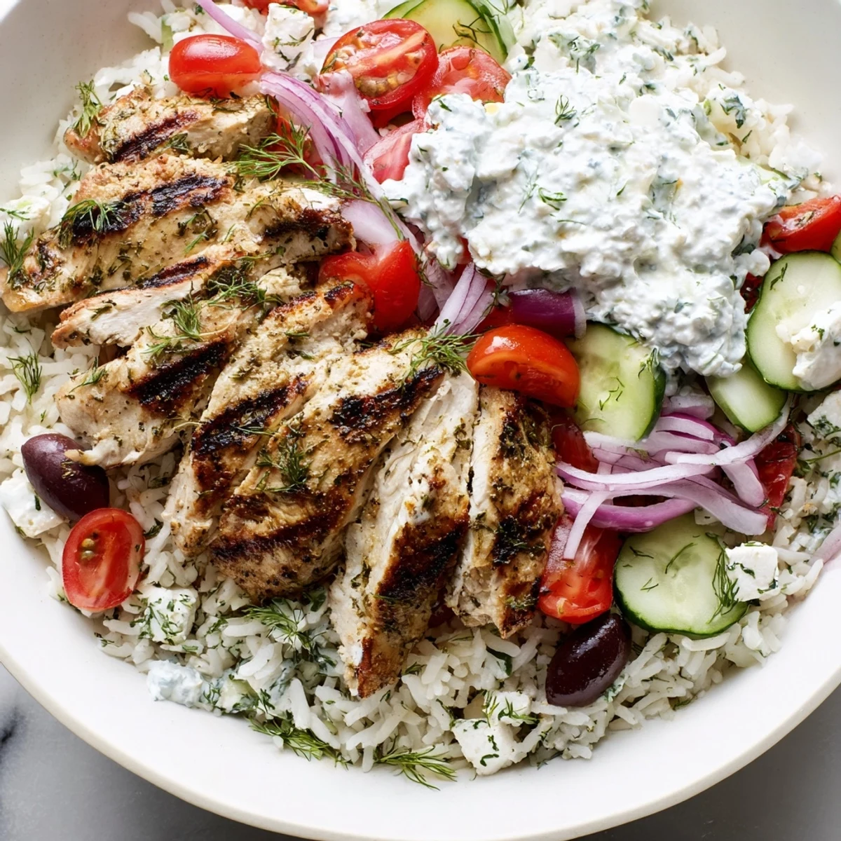 Sliced marinated chicken rests on fluffy herbed rice with cucumber, olives, and fresh herbs in this healthy meal.