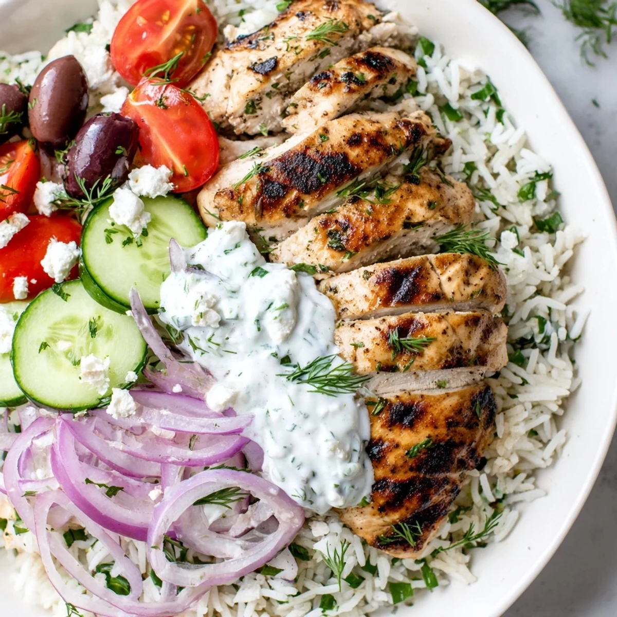 Colorful Greek Chicken Bowl served with pita bread and creamy tzatziki sauce, perfect for a Mediterranean-inspired dinner.