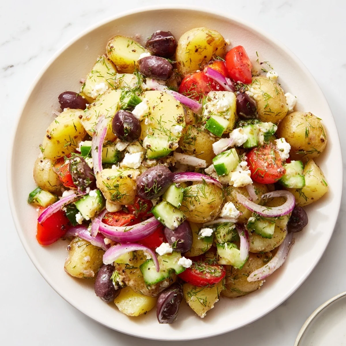 Bright red cherry tomatoes, crisp cucumber, and briny Kalamata olives mingle with tender Yukon Gold potatoes in this Refreshing Olive Greek Potato Salad.