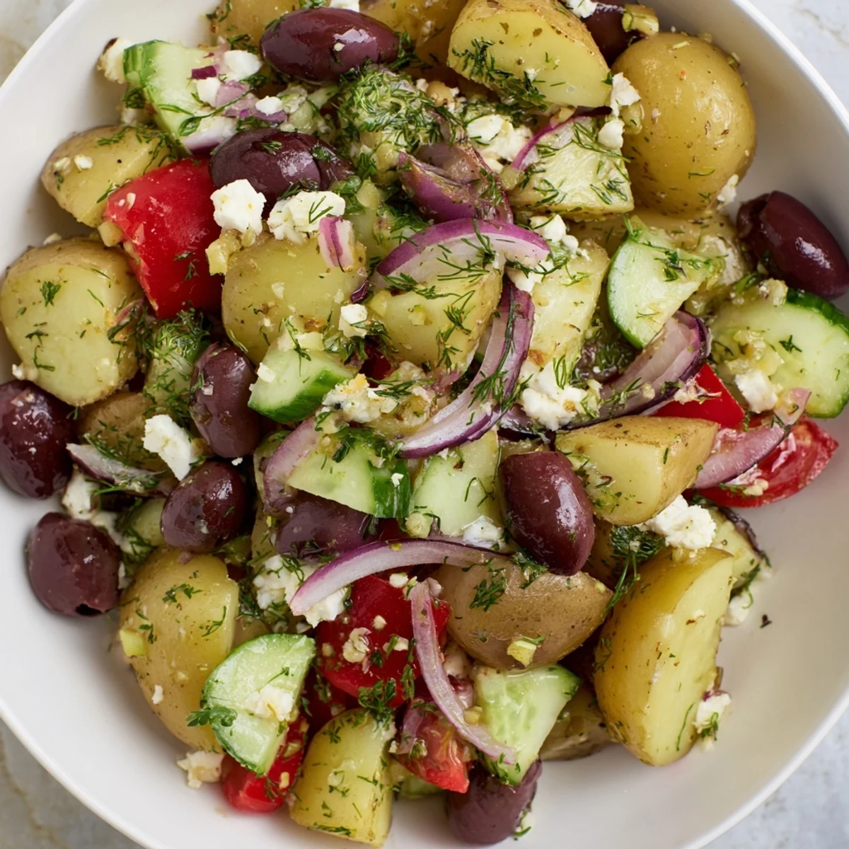 A colorful bowl of Refreshing Olive Greek Potato Salad topped with crumbled feta and fresh dill, ready for a summer barbecue side dish.