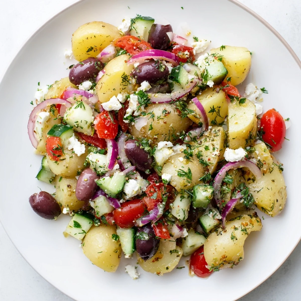 Close-up of Refreshing Olive Greek Potato Salad showing diced red onion and bell pepper coated in a tangy, olive oil-based Greek dressing.