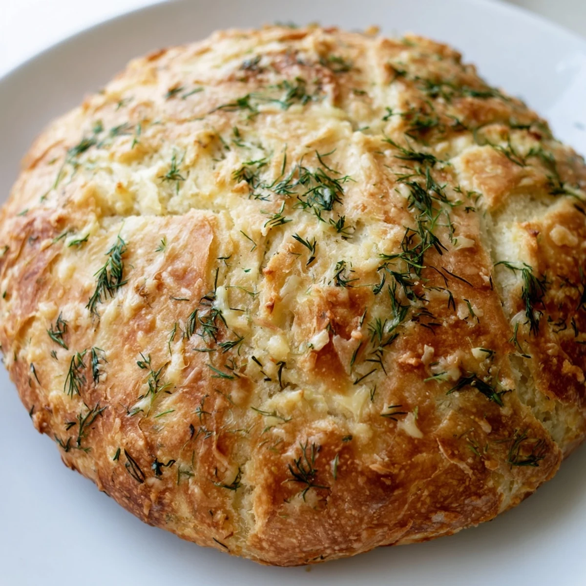 A close-up of freshly baked No-Knead Dill Gouda Artisan Bread showing a golden crust and flecks of green dill.