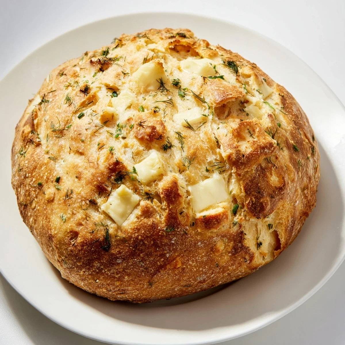 Sliced No-Knead Dill Gouda Artisan Bread revealing a soft, cheesy interior with visible dill pieces on a wooden board.