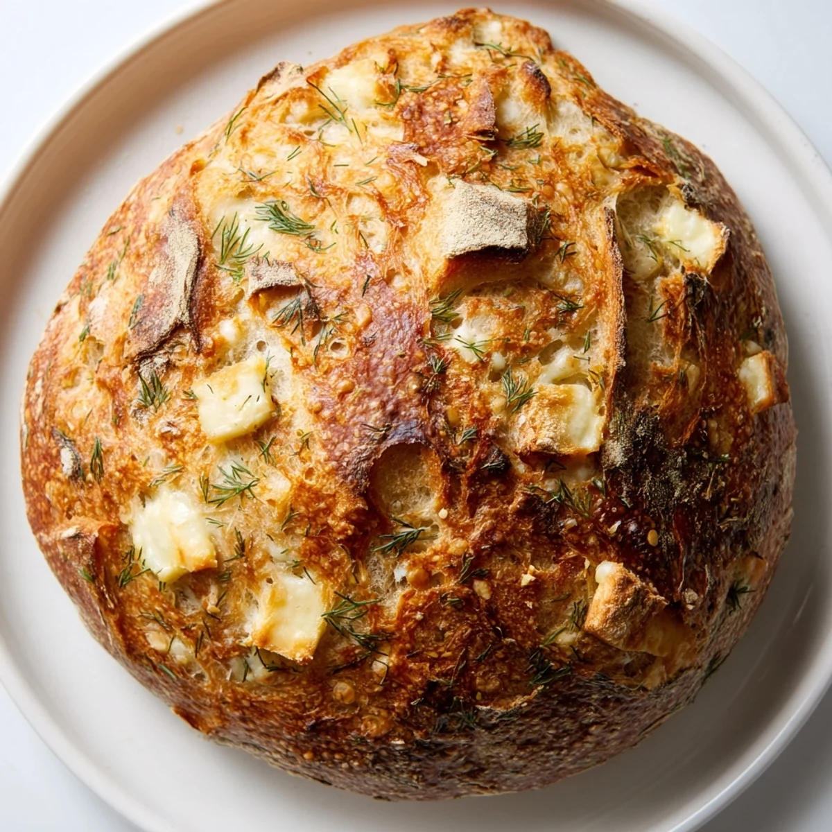 A rustic round No-Knead Dill Gouda Artisan Bread loaf resting on a wire rack next to a soup bowl.