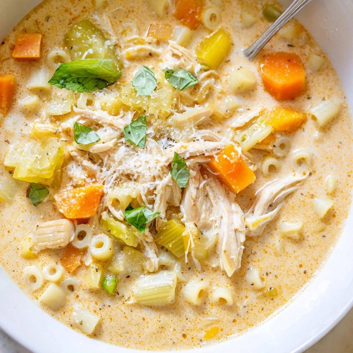 A warm bowl of Crock Pot Creamy Chicken Parmesan Soup topped with fresh basil and melted Parmesan.
