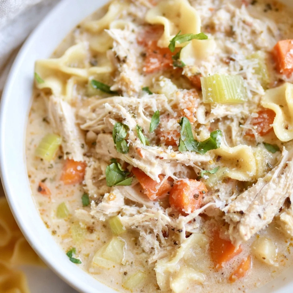 Crock Pot Creamy Chicken Parmesan Soup in a rustic bowl with carrots and shredded chicken visible.