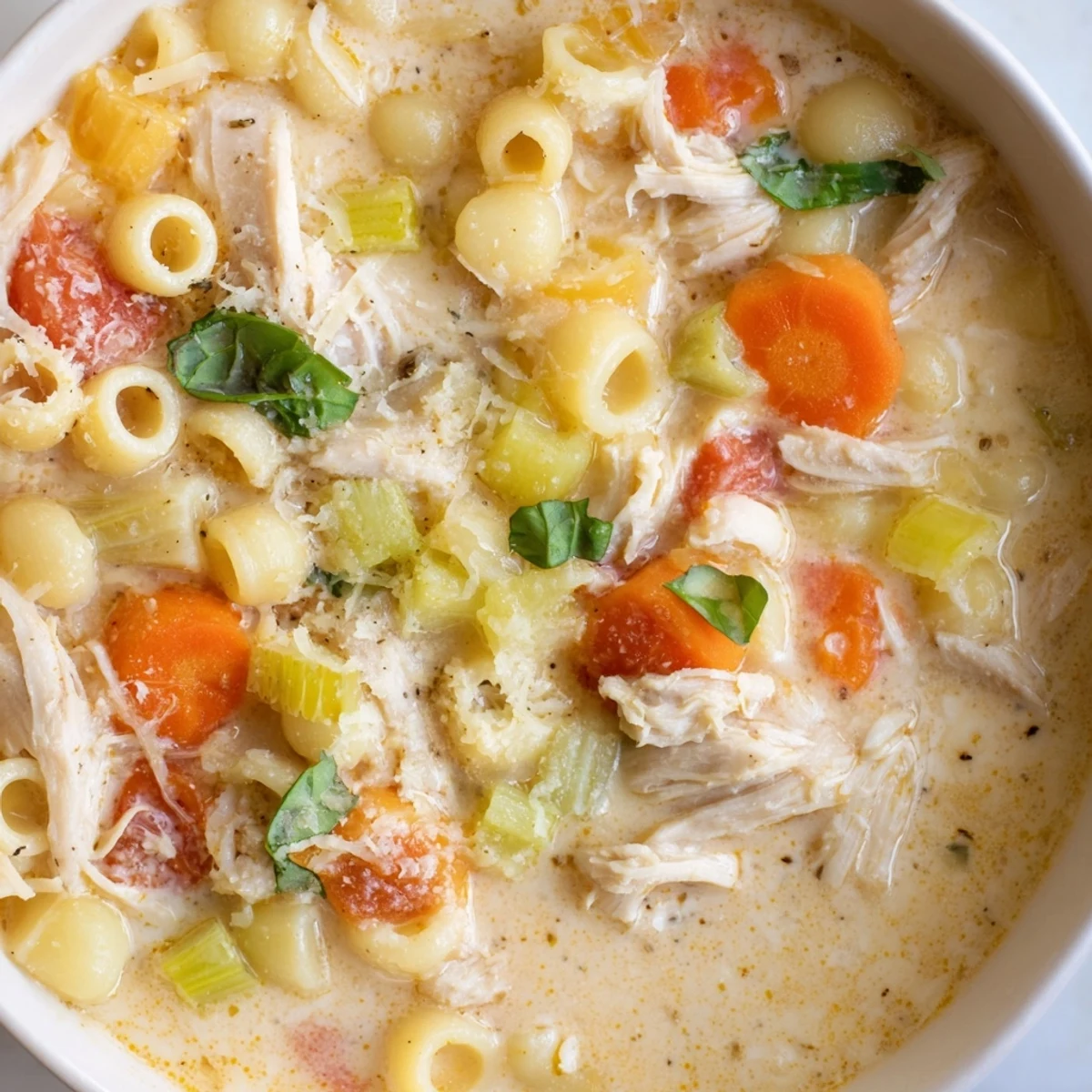 Slow cooker Crock Pot Creamy Chicken Parmesan Soup garnished with parsley and a side of crusty bread.
