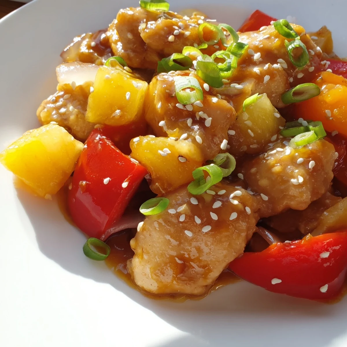 Vibrant red bell peppers and pineapple chunks in the Sweet Hawaiian Crockpot Chicken ready to serve.
