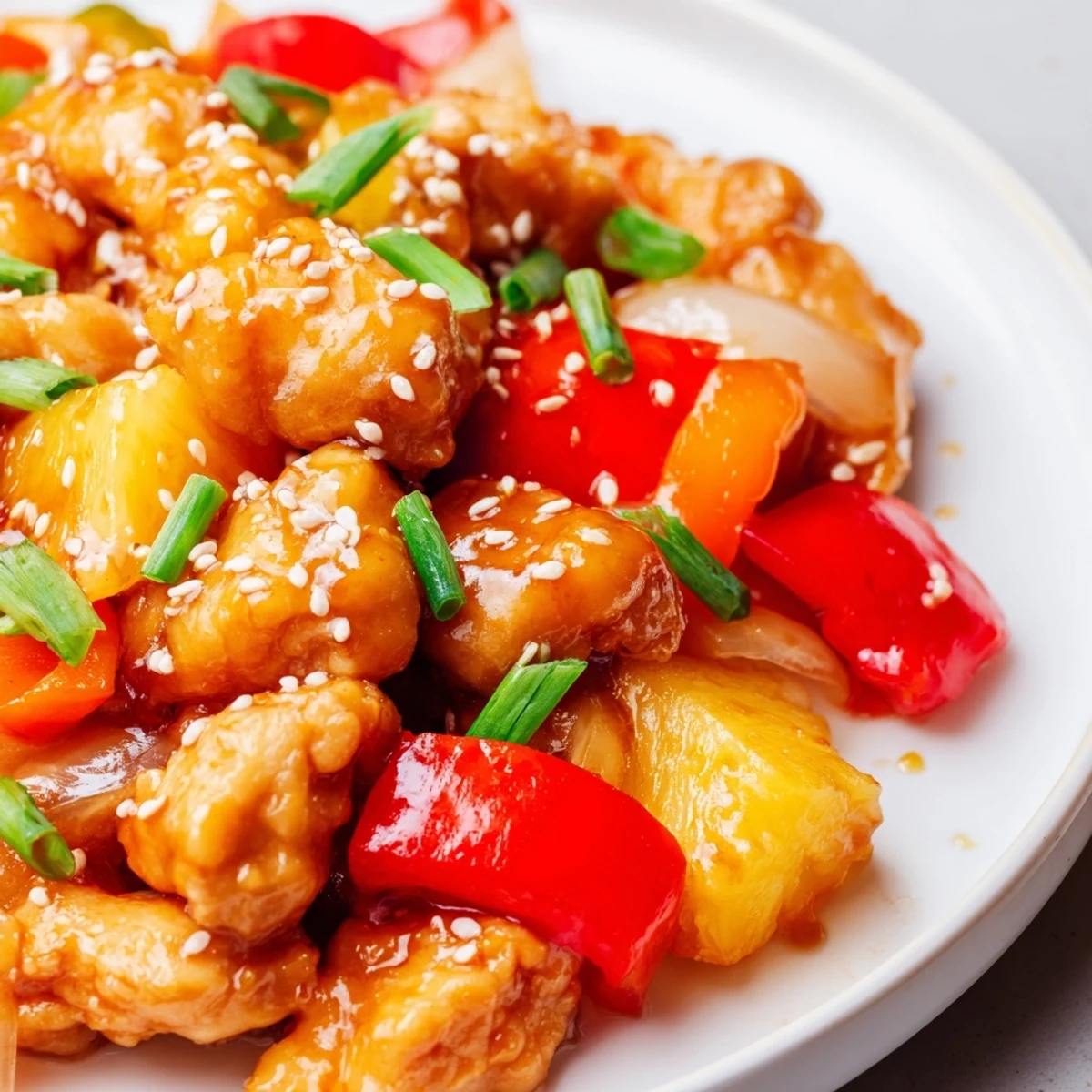 Slow cooker of juicy Sweet Hawaiian Crockpot Chicken garnished with green onions and sesame seeds.