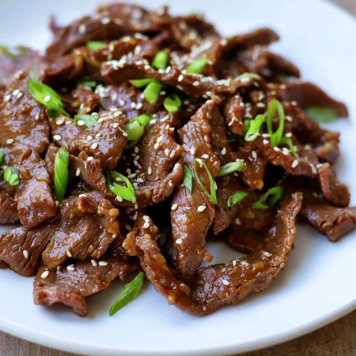 A close-up view of Ultimate Slow Cooker Mongolian Beef in a slow cooker, featuring thinly sliced beef coated in a thick, glossy sauce with garlic and ginger notes.