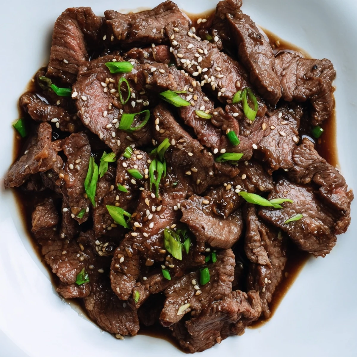 Platter of Ultimate Slow Cooker Mongolian Beef served alongside steamed rice and stir-fried broccoli, sprinkled with toasted sesame seeds for extra crunch and flavor.