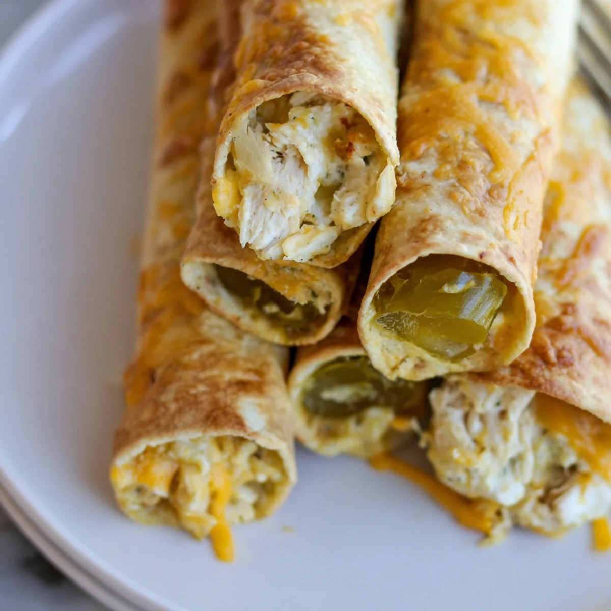 A close-up view of Dill Pickle Ranch Chicken Taquitos on a plate with celery sticks and a side of dip, perfect for party appetizers.