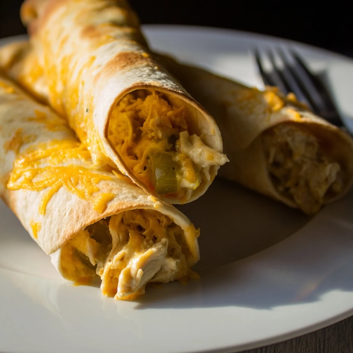 Golden brown, oven-baked Dill Pickle Ranch Chicken Taquitos arranged on a wooden board, filled with creamy chicken and dill pickles.